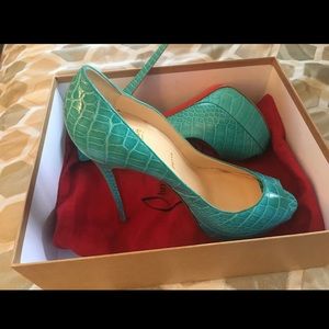 Turquoise Christian Louboutin Python Peep Toe Pump